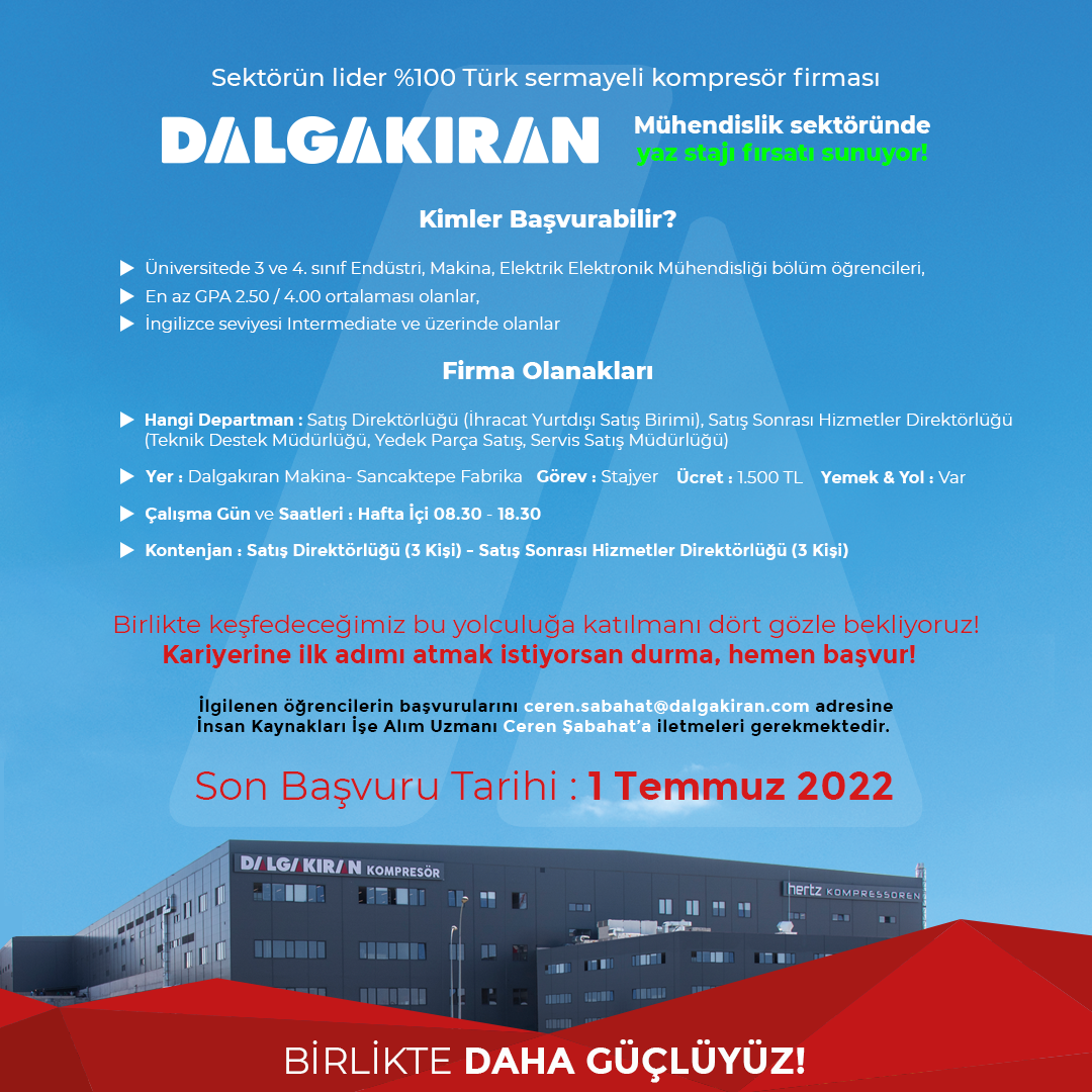 Değerli Öğrencilerimiz, Dalgakıran Kompresör firması, ofis stajını yapmak isteyen Mühendislik bölümlerimizden 6 öğrencimizi İstanbul Sancaktepe'deki fabrikasında stajyer olarak talep etmektedir. İlgilenen öğrencilerimizin bu fırsatı değerlendirmelerini ve başvurularını ilanda belirtilen mail adreslerine göndermelerini önemle bildiririz. Verimli bir staj dönemi dileriz. 